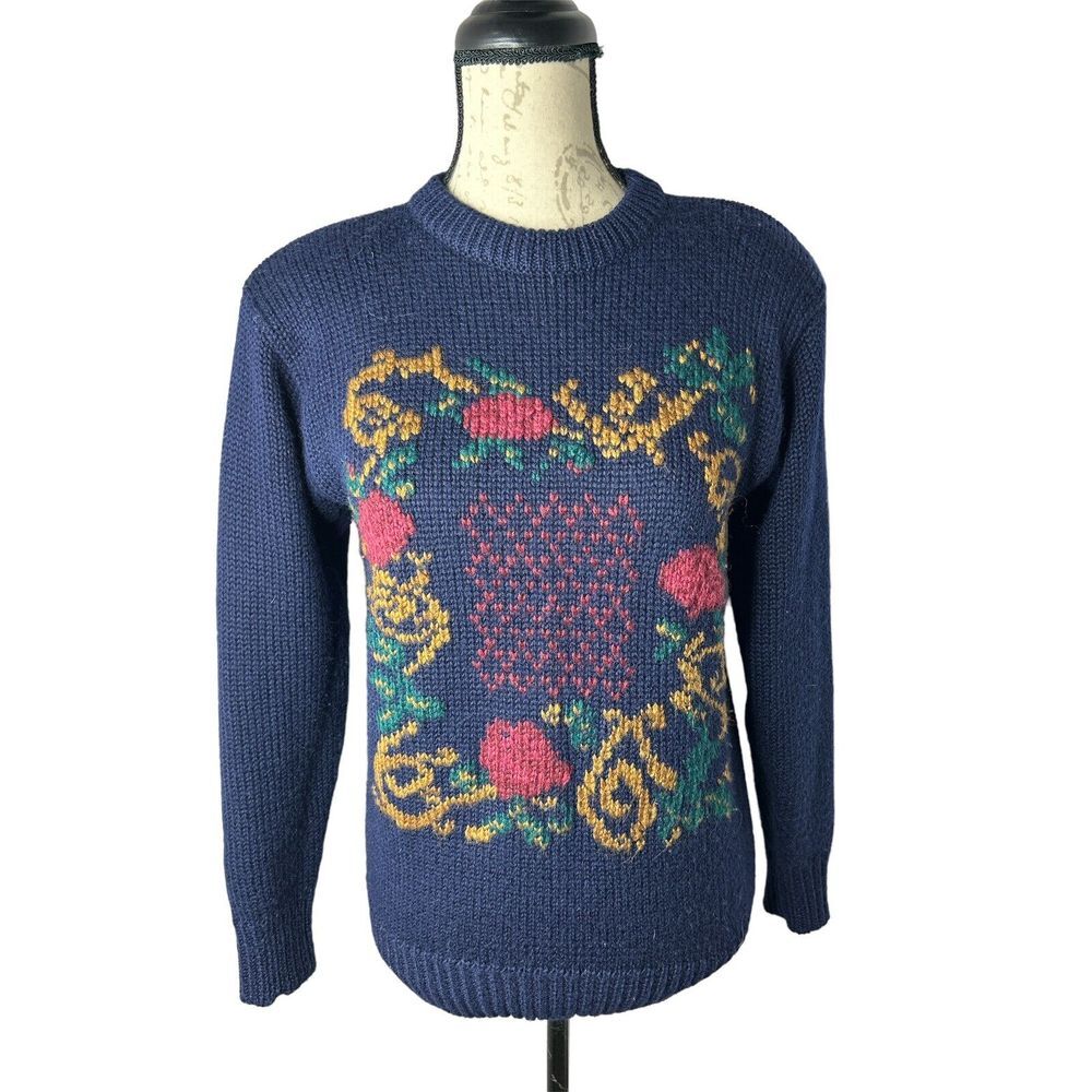 Vintage 80's Fair Isle Floral‎ Blue Rose Wool Blend Sweater Women's Size Small